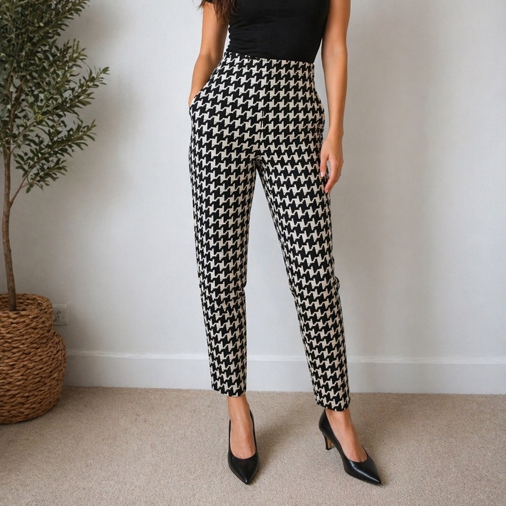 R.T.W Vintage Houndstooth Pants Black White High Waist Wool Blend 10